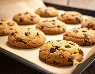 Freshly baked chocolate chip cookies on a baking sheet (1)