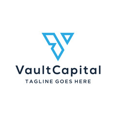 Initial Letter V Vault with blue geometric abstract shape pattern for modern business finance investment capital or corporate identity security logo design