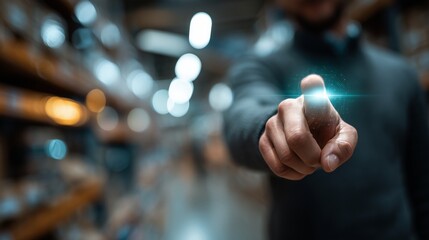 Businessman Touching Virtual Interface In Warehouse, Digital Technology, Smart Industry, And Innovation Concept
