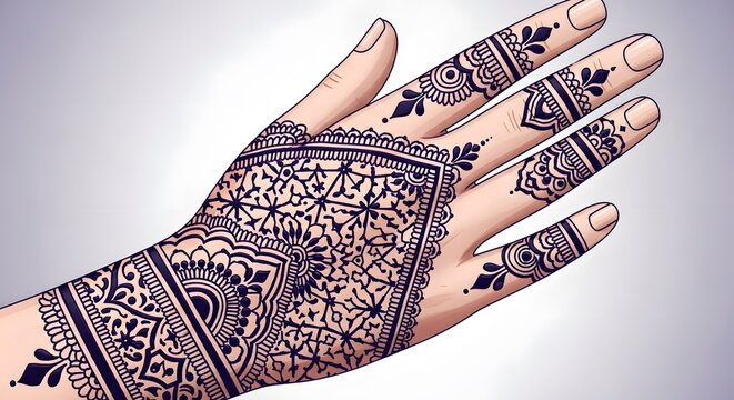 Intricate Black Henna Design Covering Hand and Wrist with Geometric and Floral Patterns on a Light Background