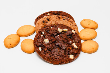 stuck of chocolate brownie cookies on wooden background. Homemade pastry.