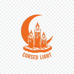 Three logos featuring candles and crescent moons in orange, with text 'Cursed Light' in one, isolated on white backgrounds.