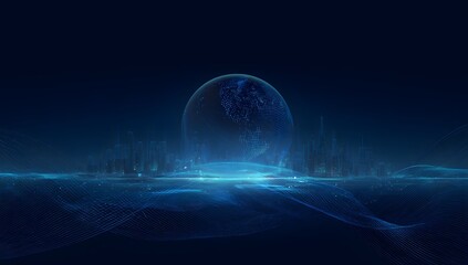 Abstract futuristic digital sphere with glowing blue light emanating from its base set against a dark expansive and technologically advanced cosmic background