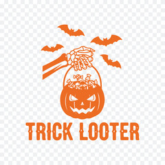 A Halloween logo featuring a jack-o'-lantern bucket filled with candy, bats, and text 'TRICK LOOTER' in orange.