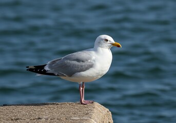 Fototapeta premium Majestic seagull perched attentively on a weathered concrete surface, gazing out at the shimmering blue ocean water under a bright sunny sky