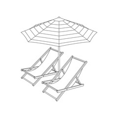 Beach chair and parasol line drawing, perspective view, black lines on white background.