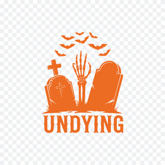 A Halloween logo featuring a graveyard, bats, and the word 'Undying' in bold orange, evoking spooky and eerie vibes.