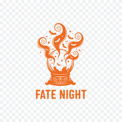A vintage-style cauldron with swirling smoke and bats, text 'FATE NIGHT' below, minimalist Halloween-themed design.