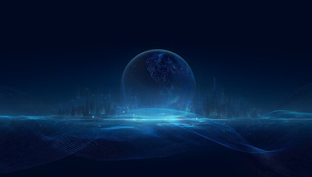 Abstract futuristic digital sphere with glowing blue light emanating from its base set against a dark expansive and technologically advanced cosmic background