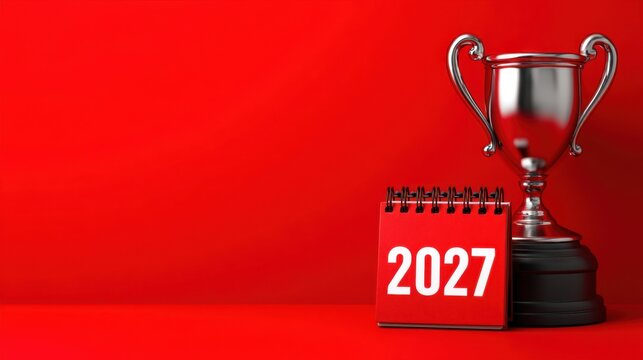 Colorful 2027 Calendar and Shiny Trophy on Bright Red Background Celebrating New Year and Achievement for Events, Milestones, and Successes