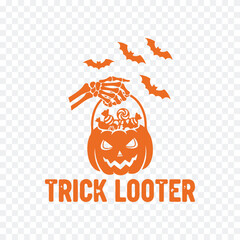A Halloween logo featuring a jack-o'-lantern holding candy, surrounded by bats, with 'Trick Looter' text below.