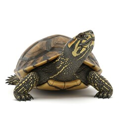 Close-up portrait of a young box turtle with detailed shell and legs on a
