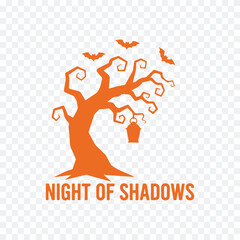 A Halloween logo featuring a twisted orange tree, bats, and a jack-o'-lantern with the text 'Night of Shadows' in bold letters.