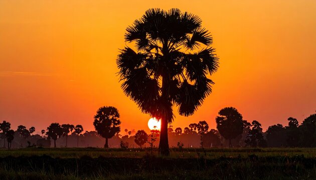 Silhouette palm tree at sunrise over a field