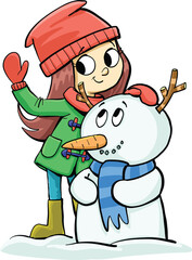 girl who makes a snow white and put twigs on his head like a reindeer2.eps