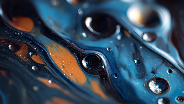 Abstract macro photography capturing swirling patterns of vibrant blue and orange liquids with reflective droplets creating a mesmerizing textured surface
