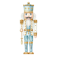 Decorative nutcracker figure with blue and gold accents, festive holiday character standing against a white background