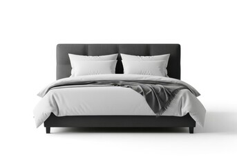 Modern upholstered bed with crisp white bedding and a cozy grey throw blanket