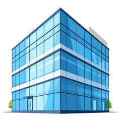 Obraz premium Low Angle Perspective of Modern Glass Building with Blue Sky Reflected in Facade and Small Trees at Base in Clear Weather
