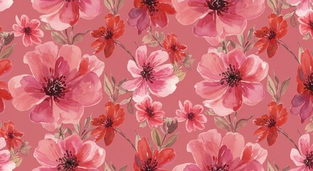 Vibrant watercolor floral pattern design with delicate pink and red blossoms and lush green leaves evoking a sense of natural beauty and artistic charm for decorative backgrounds and textiles.