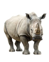Obraz premium A large, imposing rhino, isolated on a white background. It stands, facing the viewer with its prominent horn and thick hide