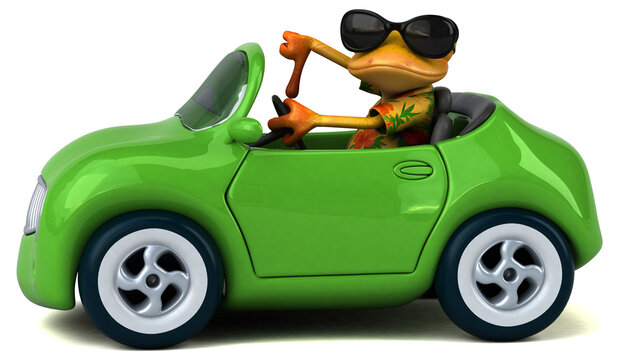 Fun 3D cartoon frog in a car illustration