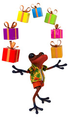 Fun 3D cartoon frog with gifts  illustration