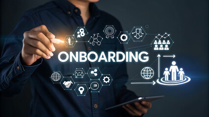 Naklejka premium A person is pointing to the word onboarding surrounded by icons representing different aspects of the onboarding process, such as training and support