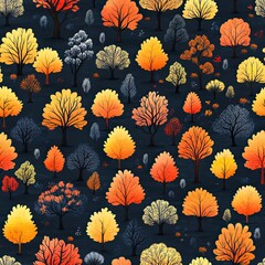 Autumn foliage pattern with orange and yellow leaves, elegant seamless forest design.