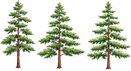 Obraz premium Three vibrant green pine trees stand tall and majestic against a clean white background, perfect for nature inspired designs and outdoor themes.