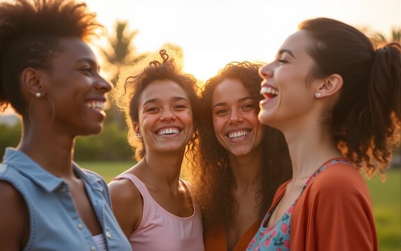 Young group of diverse friends having fun in a sunny day - Multiracial best friends enjoying time together outdoors - United millennial people laughing. High quality