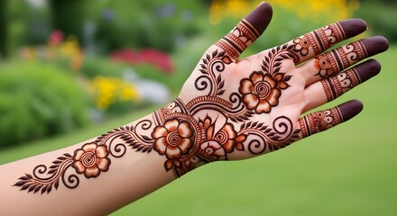 Graceful arm and hand mehndi design showcasing a continuous vine of floral patterns and swirls, extending from the wrist to the fingertips, against a vibrant green outdoor garden background.
