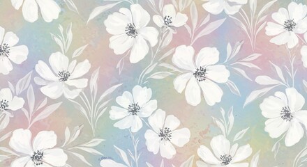 Delicate white floral pattern watercolor pastel background, perfect for spring invitations, wedding decor, or dreamy fabric designs creating an ethereal and elegant atmosphere.