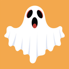 Flat halloween ghost with face expression. Vector white ghost isolated on orange background. Ghost