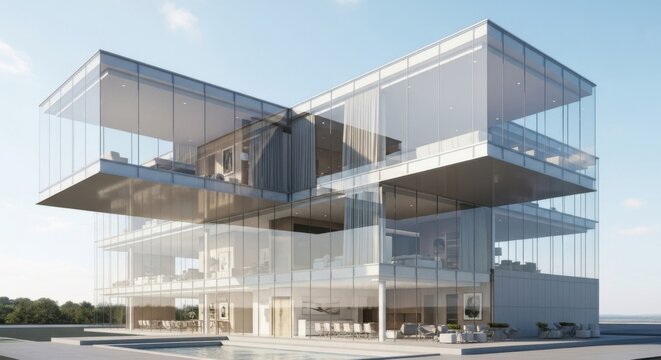 Stunning modern three story glass building structure design visualization temporary pavilion