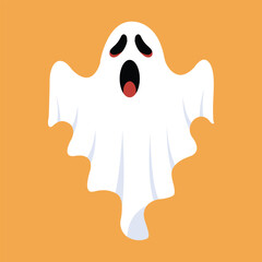 Flat halloween ghost with face expression. Vector white ghost isolated on orange background. Ghost