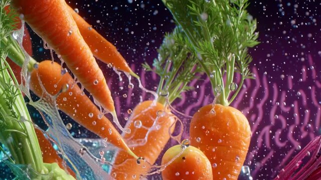 Fresh carrots splashing in water, vibrant healthy food concept ai generative