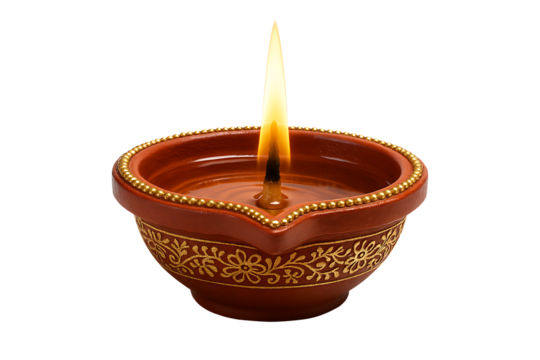 Terracotta decorative oil lamp with gold accents and burning flame, an essential item for the happy diwali celebration, isolated on transparent background