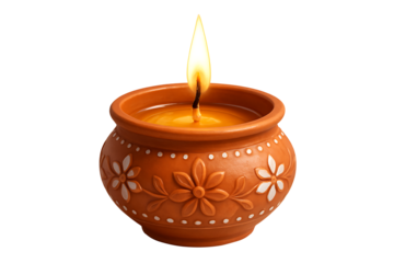Small terracotta pot-shaped diya lamp with painted white flowers and dots, lit for the auspicious happy diwali festival isolated on transparent background