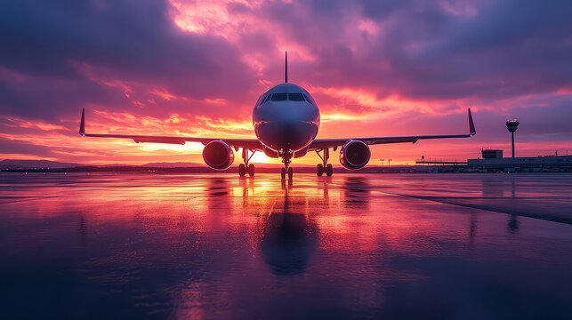 Airplane on wet tarmac at sunset with vibrant colors reflecting on the ground and control tower visible - Powered by Adobe