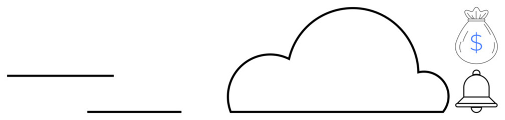 Cloud shape linked with upload progress lines, notification bell, and dollar money bag. Ideal for savings, alerts, data transfer, online economy, cloud storage, digital finance simple flat metaphor