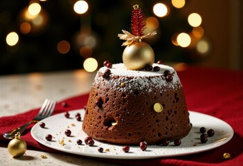 Festive Chocolate Dessert Adorned with Holiday Decorations and Berries on Elegant Table Setting for Seasonal Celebration