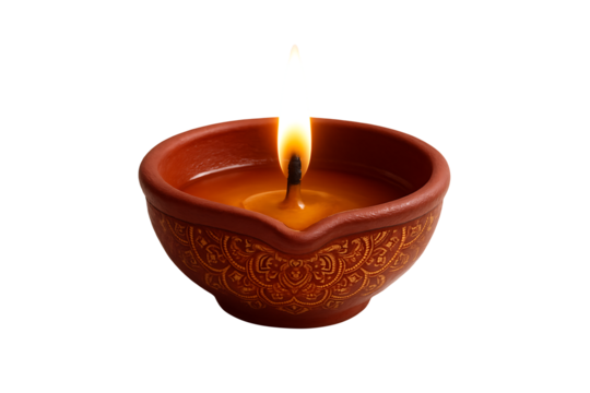 Single traditional earthenware clay diya oil lamp with a simple embossed pattern and flame for a happy diwali festival isolated on transparent background