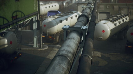 In a bustling transportation hub, large metal pipes intertwine, connecting various storage tanks. Workers manage the flow of materials in a well organized setting, showcasing industrious activity.
