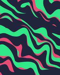 Vibrant Psychedelic Wave Pattern Background. Abstract Groovy Stripes in Green and Pink on a Dark Base. Modern and Energetic Fluid Art Texture for Fashion, Textiles, or Posters