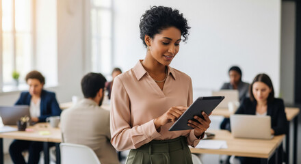 Smiling African American woman interacts with tablet at office
