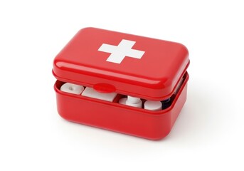 Red first aid kit open showing medical supplies isolated studio shot