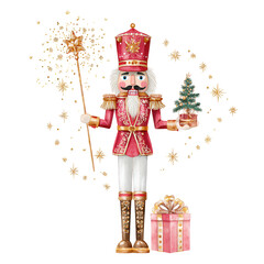Colorful nutcracker figure holding a Christmas tree and gift, surrounded by festive stars and sparkles on a white background