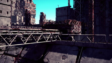 Amidst towering abandoned structures, a network of rusty metal beams stretches across the horizon. The clear blue sky contrasts sharply with the desolation of this once bustling city.