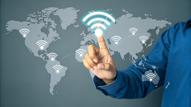 Man touching virtual wifi icon on world map, symbolizing global connectivity and communication, showcasing the power of technology in connecting people